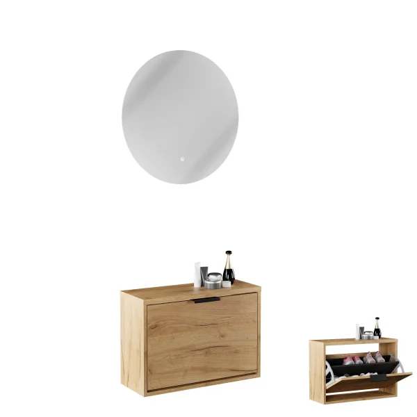 Shoe Cabinet STIVIO with 1 Flap 60 cm wide, Golden Oak, Round LED Mirror (2 Light Levels)