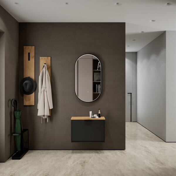 Schuhschrank STIVIO 1 Klappe Schwarz 60 cm, LED Spiegel oval mit Rahmen (3 Lichtstufen)