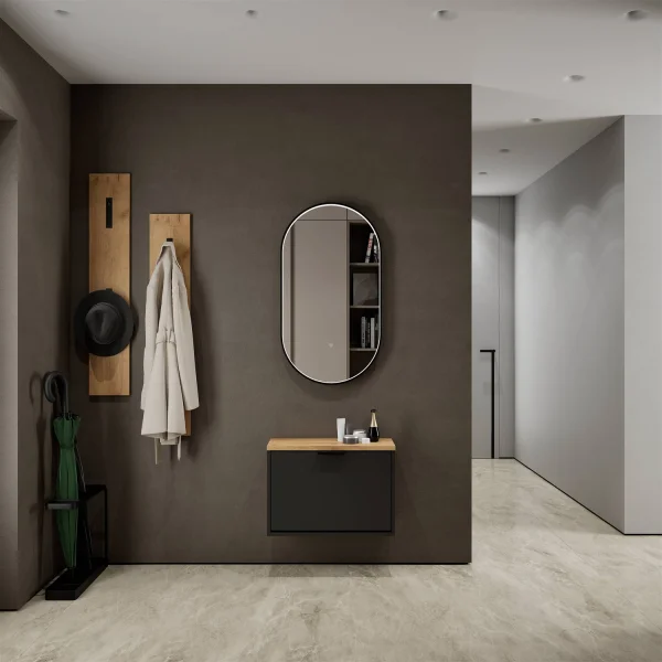 Armoire à chaussures STIVIO à 1 porte, noire, 60 cm, miroir ovale à LED avec cadre (3 intensités déclairage)