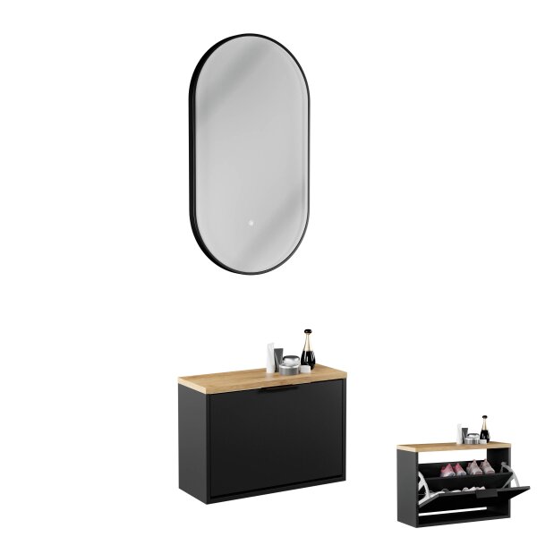 Schuhschrank STIVIO 1 Klappe Schwarz 60 cm, LED Spiegel oval mit Rahmen (3 Lichtstufen)