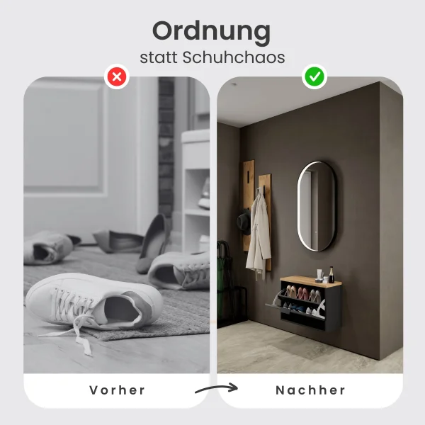 Armoire à chaussures STIVIO à 1 porte, noire, 60 cm, miroir ovale à LED avec cadre (3 intensités déclairage)