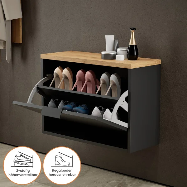 Armoire à chaussures STIVIO à 1 porte, noire, 60 cm, miroir ovale à LED avec cadre (3 intensités déclairage)