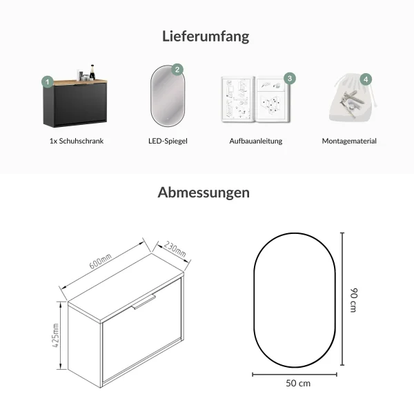 Armoire à chaussures STIVIO à 1 porte, noire, 60 cm, miroir ovale à LED avec cadre (3 intensités déclairage)