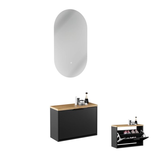 Schuhrank STIVIO 1 Klappe Schwarz 60 cm, LED Spiegel oval ohne Rahmen (2 Lichtstufen)