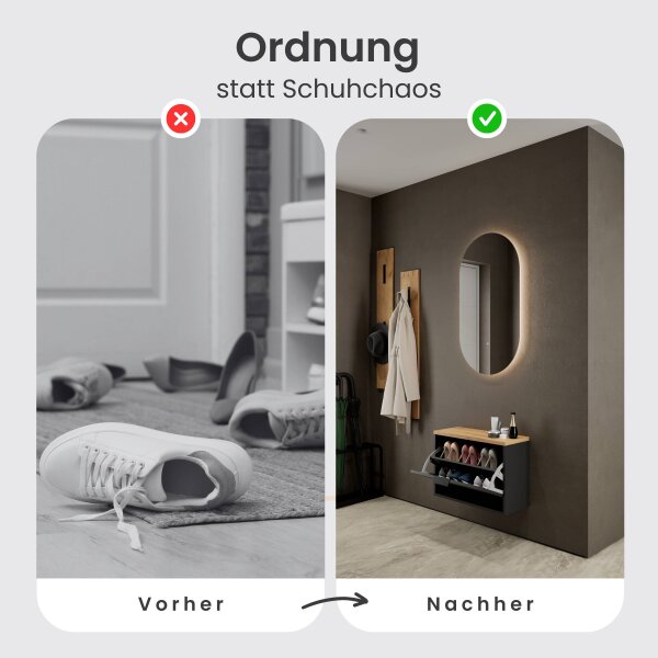 Schuhschrank STIVIO 1 Klappe Schwarz 60 cm, LED Spiegel oval ohne Rahmen (2 Lichtstufen)