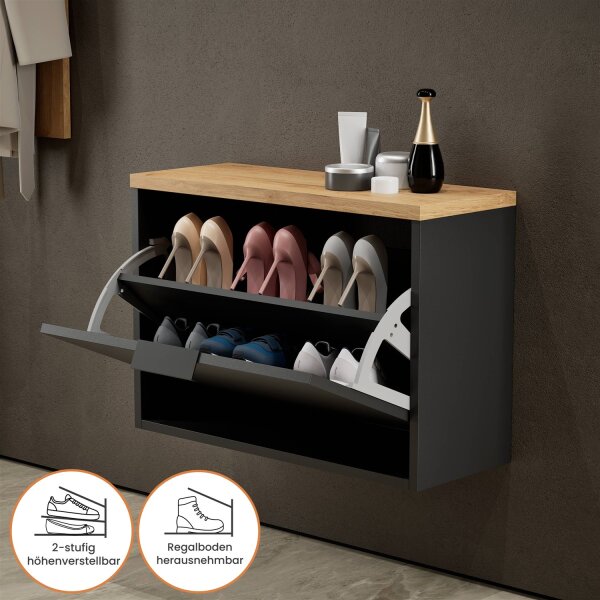 Schuhrank STIVIO 1 Klappe Schwarz 60 cm, LED Spiegel rund mit Rahmen (3 Lichtstufen)