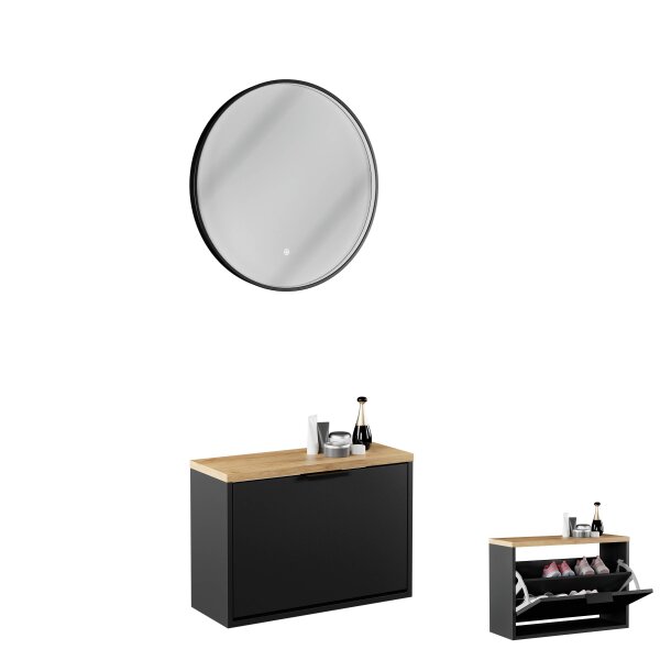 Schuhschrank STIVIO 1 Klappe Schwarz 60 cm, LED Spiegel rund mit Rahmen (3 Lichtstufen)