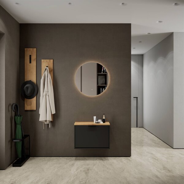 Schuhrank STIVIO 1 Klappe Schwarz 60 cm, LED Spiegel rund ohne Rahmen (2 Lichtstufen)