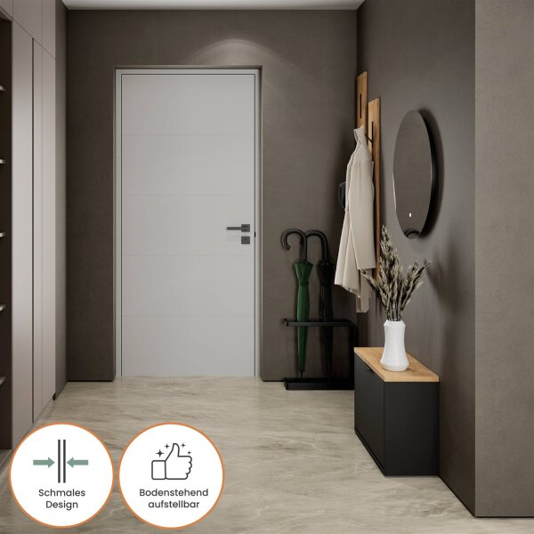 Schuhrank STIVIO 1 Klappe Schwarz 60 cm, LED Spiegel rund ohne Rahmen (2 Lichtstufen)