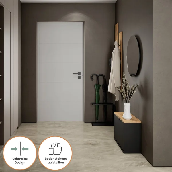 Meuble à chaussures STIVIO à 1 porte, noir, 60 cm, miroir rond à LED sans cadre (2 intensités déclairage)