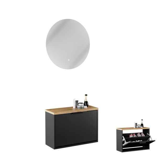 Meuble à chaussures STIVIO à 1 porte, noir, 60 cm, miroir rond à LED sans cadre (2 intensités déclairage)