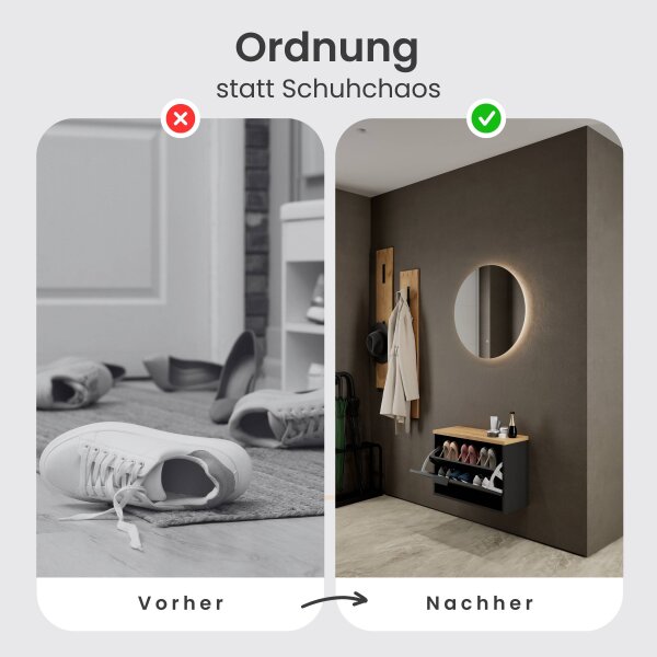 Schuhschrank STIVIO 1 Klappe Schwarz 60 cm, LED Spiegel rund ohne Rahmen (2 Lichtstufen)