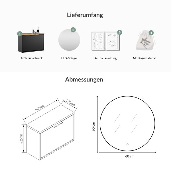 Schuhschrank STIVIO 1 Klappe Schwarz 60 cm, LED Spiegel rund ohne Rahmen (2 Lichtstufen)