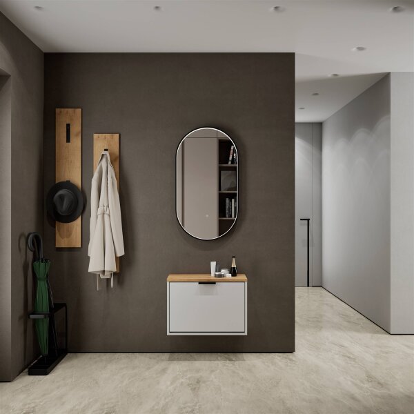 Schuhschrank STIVIO 1 Klappe Weiß Grau 60 cm, LED Spiegel oval mit Rahmen (3 Lichtstufen)