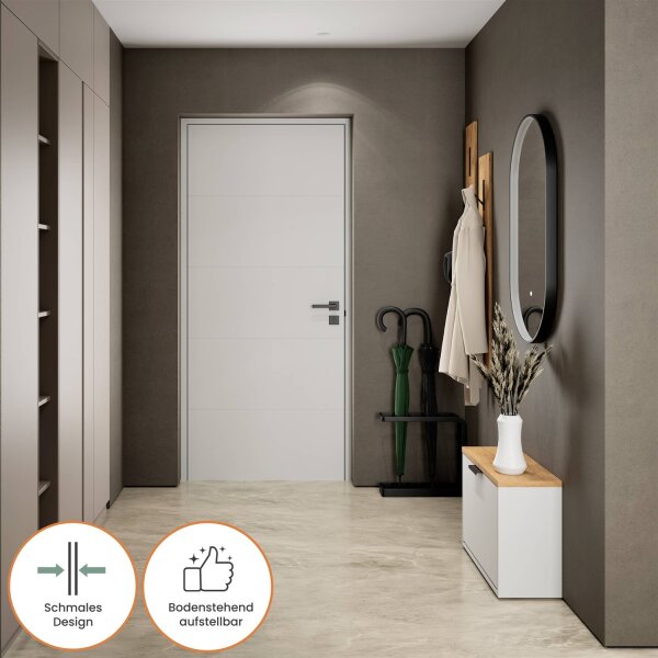 Schuhschrank STIVIO 1 Klappe Weiß Grau 60 cm, LED Spiegel oval mit Rahmen (3 Lichtstufen)