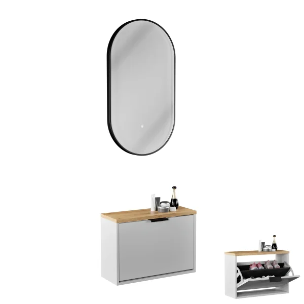 Meuble à chaussures STIVIO à 1 porte, blanc et gris, 60 cm, miroir ovale à LED avec cadre (3 intensités déclairage)