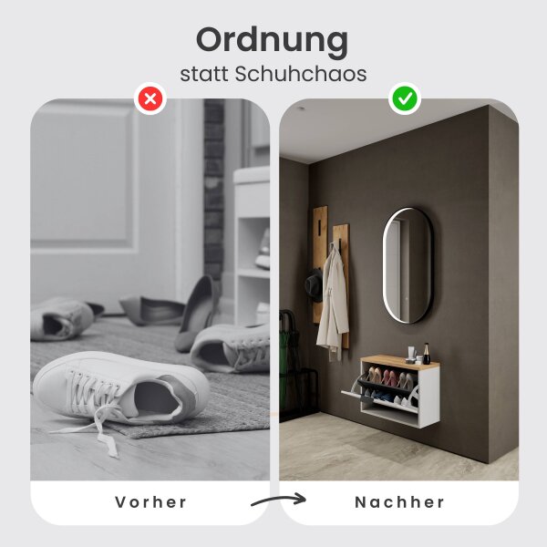 Schuhschrank STIVIO 1 Klappe Weiß Grau 60 cm, LED Spiegel oval mit Rahmen (3 Lichtstufen)