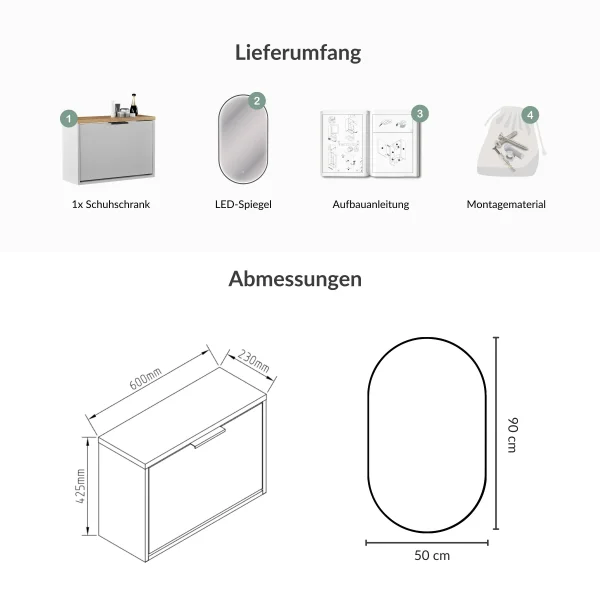 Meuble à chaussures STIVIO à 1 porte, blanc et gris, 60 cm, miroir ovale à LED avec cadre (3 intensités déclairage)