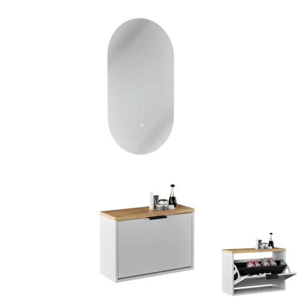 Meuble à chaussures STIVIO, 1 porte, blanc et gris, 60 cm, miroir ovale sans cadre avec éclairage LED (2 intensités)