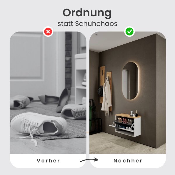 Schuhschrank STIVIO 1 Klappe Weiß Grau 60 cm, LED Spiegel oval ohne Rahmen (2 Lichtstufen)