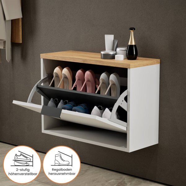 Schuhschrank STIVIO 1 Klappe Weiß Grau 60 cm, LED Spiegel oval ohne Rahmen (2 Lichtstufen)