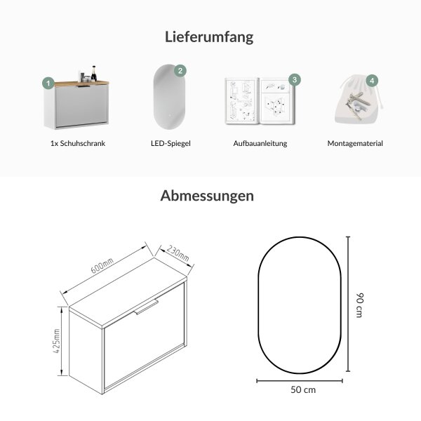 Schuhschrank STIVIO 1 Klappe Weiß Grau 60 cm, LED Spiegel oval ohne Rahmen (2 Lichtstufen)