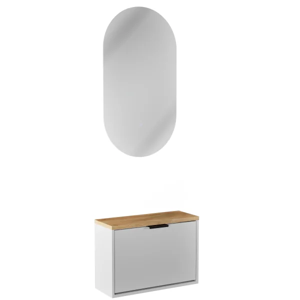Meuble à chaussures STIVIO, 1 porte, blanc et gris, 60 cm, miroir ovale sans cadre avec éclairage LED (2 intensités)