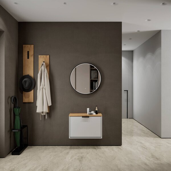 Schuhrank STIVIO 1 Klappe Gold Eiche 60 cm, LED Spiegel rund mit Rahmen (3 Lichtstufen)