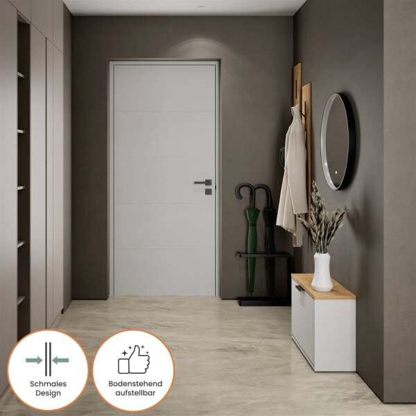 Schuhschrank STIVIO 1 Klappe Gold Eiche 60 cm, LED Spiegel rund mit Rahmen (3 Lichtstufen)