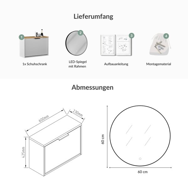 Schuhschrank STIVIO 1 Klappe Gold Eiche 60 cm, LED Spiegel rund mit Rahmen (3 Lichtstufen)