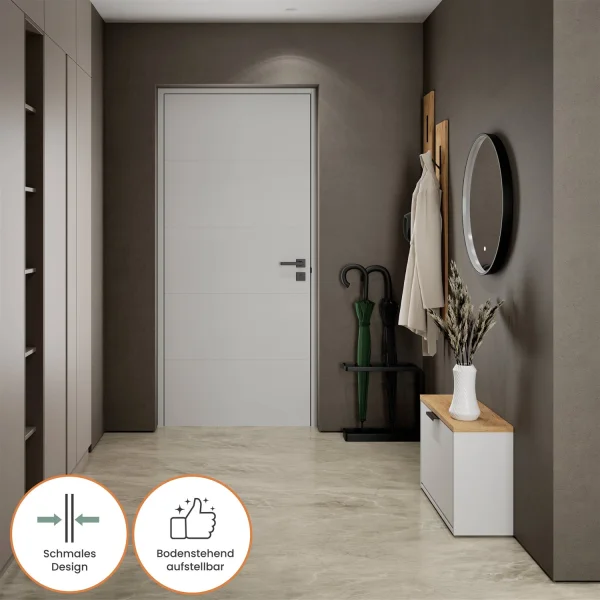 Meuble à chaussures STIVIO à 1 porte, chêne doré, 60 cm, miroir rond à LED avec cadre (3 intensités déclairage)