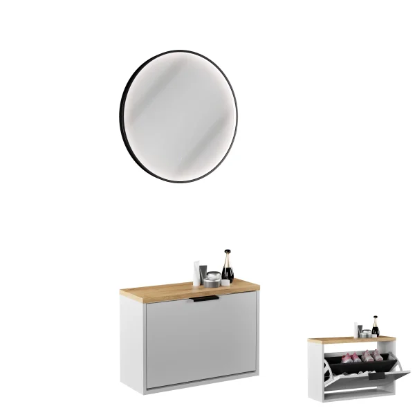 Meuble à chaussures STIVIO à 1 porte, chêne doré, 60 cm, miroir rond à LED avec cadre (3 intensités déclairage)