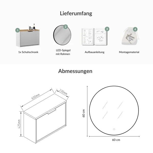 Meuble à chaussures STIVIO à 1 porte, chêne doré, 60 cm, miroir rond à LED avec cadre (3 intensités déclairage)
