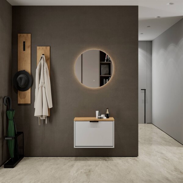 Schuhrank STIVIO 1 Klappe Weiß Grau 60 cm, LED Spiegel rund ohne Rahmen (2 Lichtstufen)
