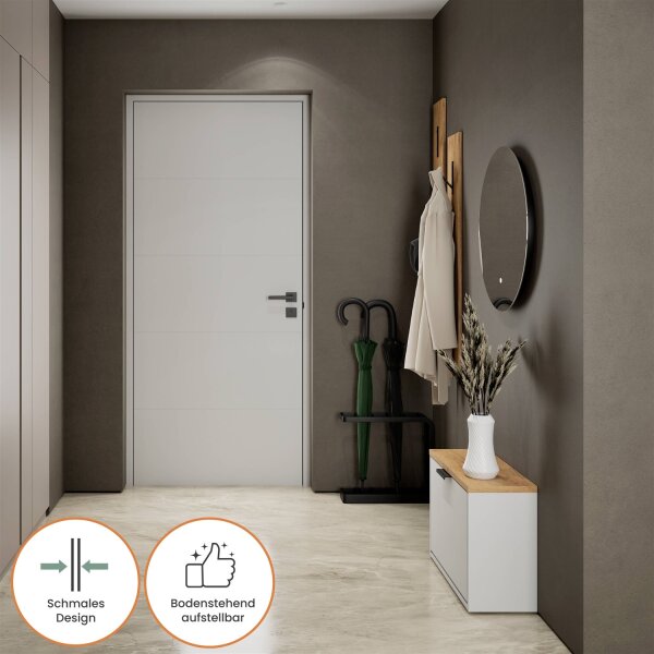 Schuhschrank STIVIO 1 Klappe Weiß Grau 60 cm, LED Spiegel rund ohne Rahmen (2 Lichtstufen)