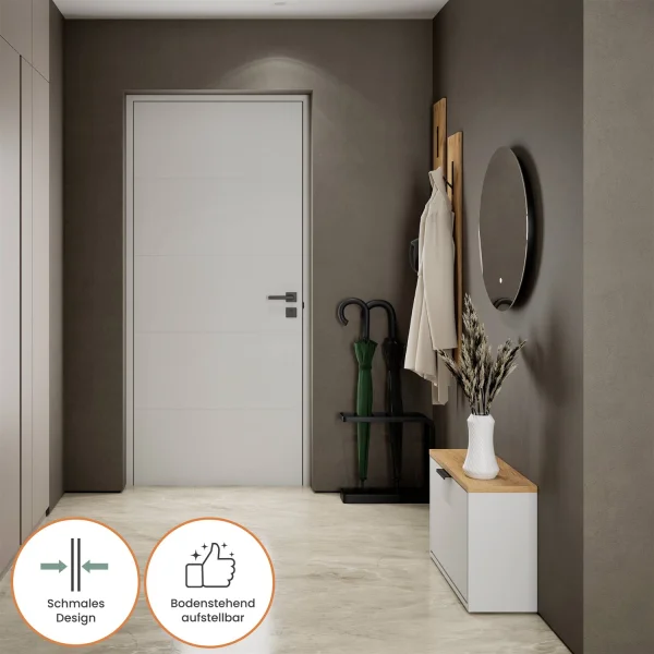 Meuble à chaussures STIVIO, 1 porte, blanc et gris, 60 cm, miroir rond à LED sans cadre (2 intensités déclairage)