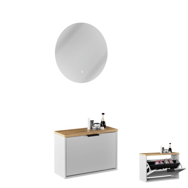 Schuhschrank STIVIO 1 Klappe Weiß Grau 60 cm, LED Spiegel rund ohne Rahmen (2 Lichtstufen)