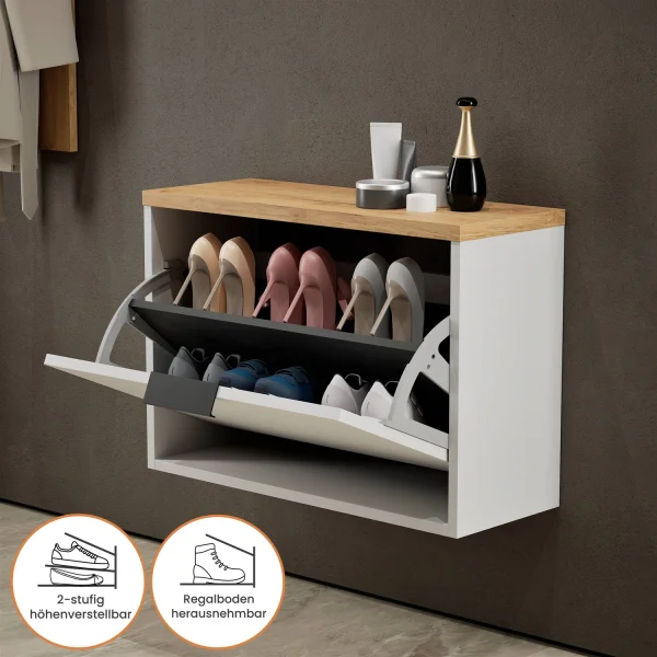 Meuble à chaussures STIVIO, 1 porte, blanc et gris, 60 cm, miroir rond à LED sans cadre (2 intensités déclairage)