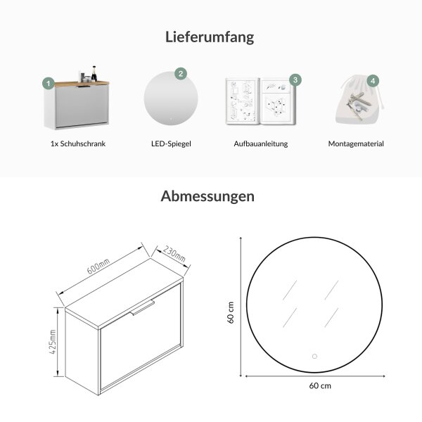 Schuhschrank STIVIO 1 Klappe Weiß Grau 60 cm, LED Spiegel rund ohne Rahmen (2 Lichtstufen)