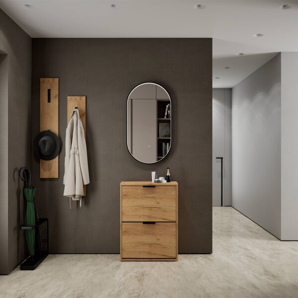 Schuhrank STIVIO 2 Klappen Gold Eiche 60 cm, LED Spiegel oval mit Rahmen (3 Lichtstufen)