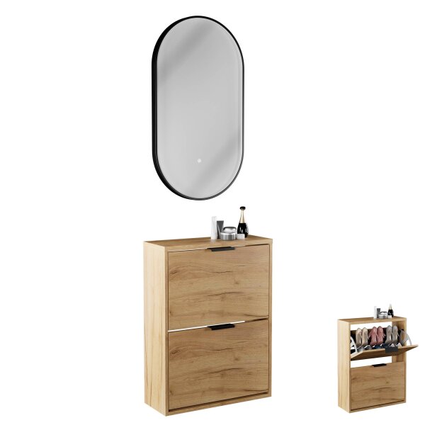 Schuhrank STIVIO 2 Klappen Gold Eiche 60 cm, LED Spiegel oval mit Rahmen (3 Lichtstufen)