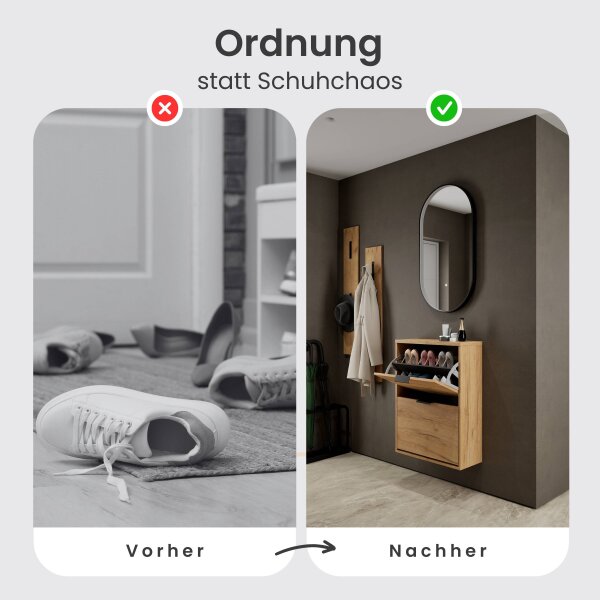 Schuhschrank STIVIO 2 Klappen Gold Eiche 60 cm, LED Spiegel oval mit Rahmen (3 Lichtstufen)