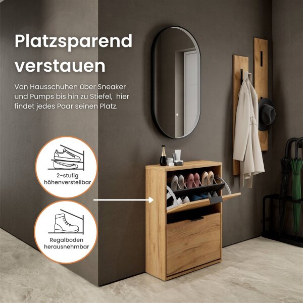 Schuhschrank STIVIO 2 Klappen Gold Eiche 60 cm, LED Spiegel oval mit Rahmen (3 Lichtstufen)