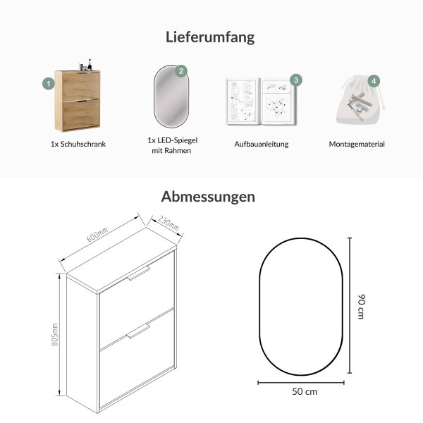 Schuhschrank STIVIO 2 Klappen Gold Eiche 60 cm, LED Spiegel oval mit Rahmen (3 Lichtstufen)