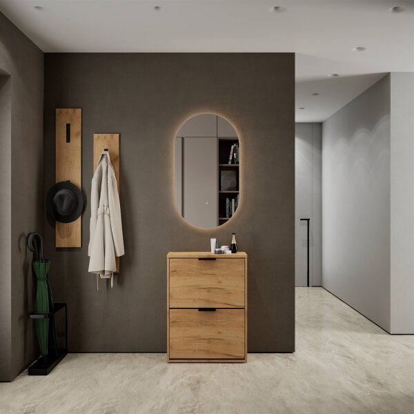 Schuhrank STIVIO 2 Klappen Gold Eiche 60 cm, LED Spiegel oval ohne Rahmen (2 Lichtstufen)