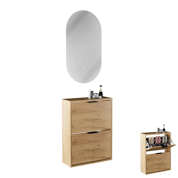 Armario para zapatos STIVIO con 2 puertas abatibles, roble dorado, 60 cm, espejo LED ovalado sin marco (2 intensidades de luz)