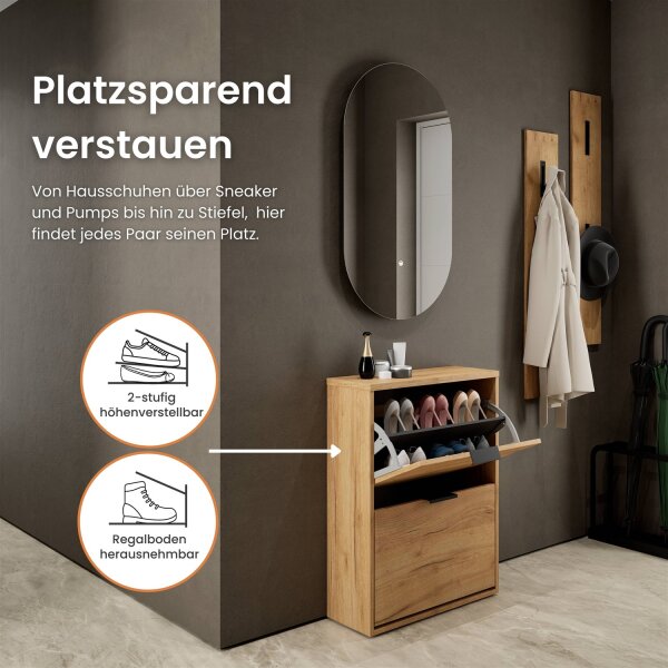 Schuhschrank STIVIO 2 Klappen Gold Eiche 60 cm, LED Spiegel oval ohne Rahmen (2 Lichtstufen)