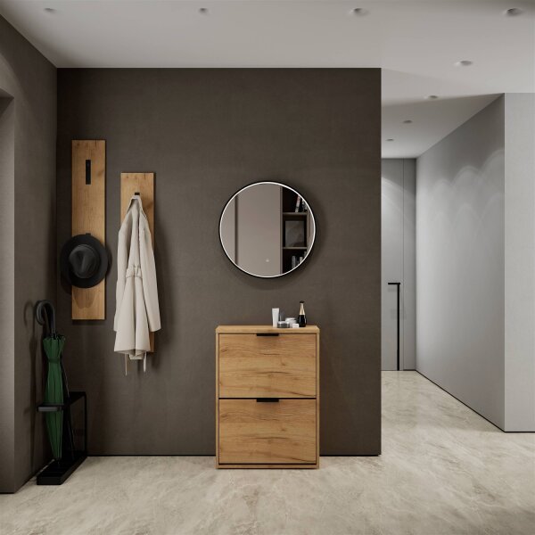 Schuhrank STIVIO 2 Klappen Gold Eiche 60 cm, LED Spiegel rund mit Rahmen (3 Lichtstufen)