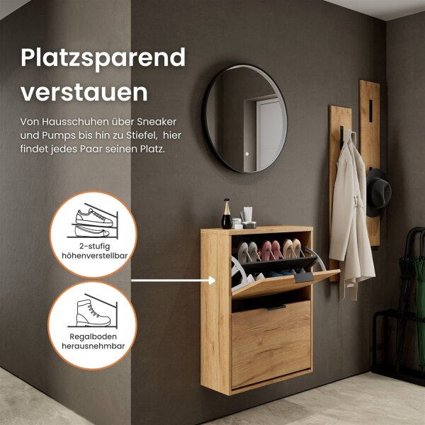 Schuhrank STIVIO 2 Klappen Gold Eiche 60 cm, LED Spiegel rund mit Rahmen (3 Lichtstufen)