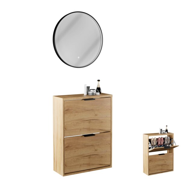 Schuhschrank STIVIO 2 Klappen Gold Eiche 60 cm, LED Spiegel rund mit Rahmen (3 Lichtstufen)